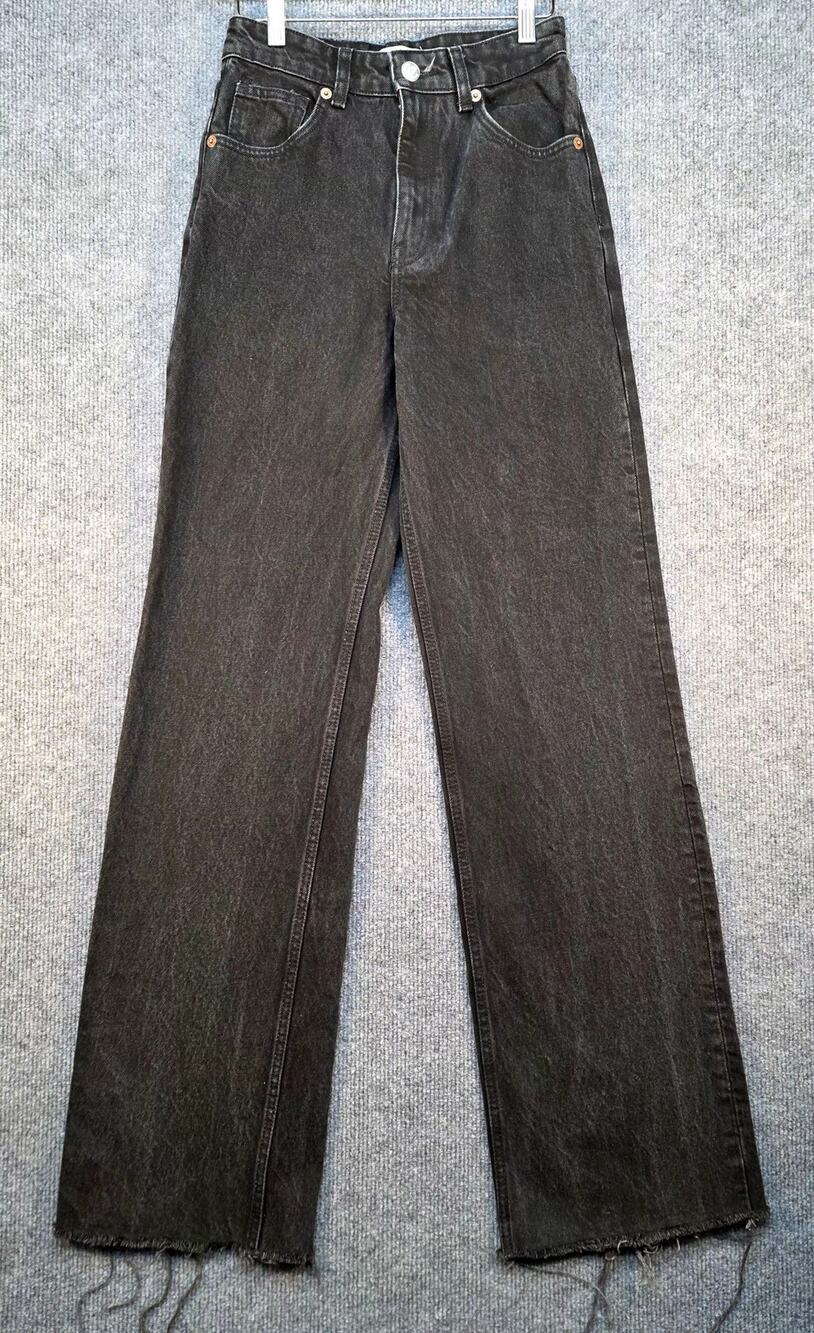 ZARA Black Baggy Straight Leg Jeans Size 4 High Waisted Raw Hem 90s Grunge Chic‎
